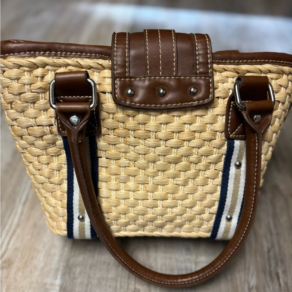 Chaps Preppy Coastal Woven Straw Leather Trim Metal Detail Shoulder Bag